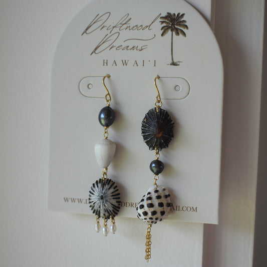 Asymmetrical 'Opihi Pearl + Chain Earrings