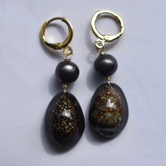 Pearl + Cowrie Shell Dangle Huggies (Classic)