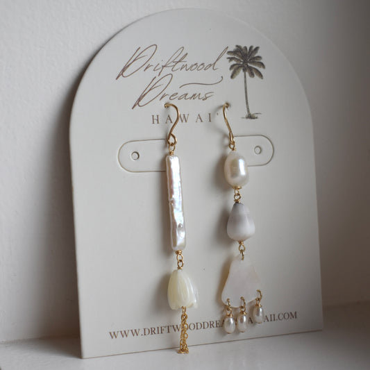 Asymmetrical Stick Pearl+Pīkake Earrings