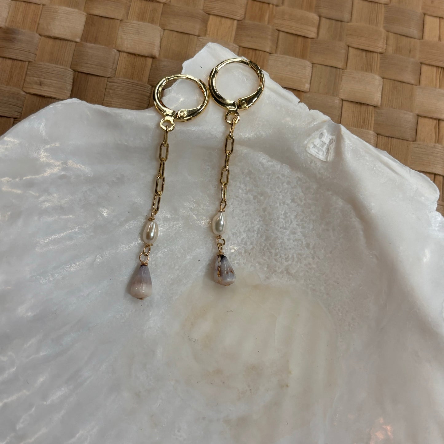 Pearl + Cone Shell Link Huggies