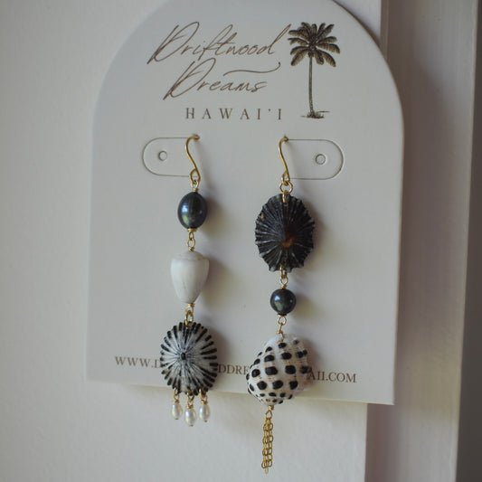 Asymmetrical 'Opihi Pearl + Chain Earrings