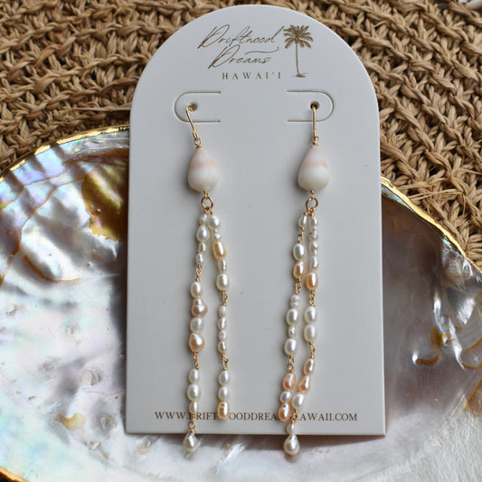 Cone Shell + Pearl Strand Dangle Earrings