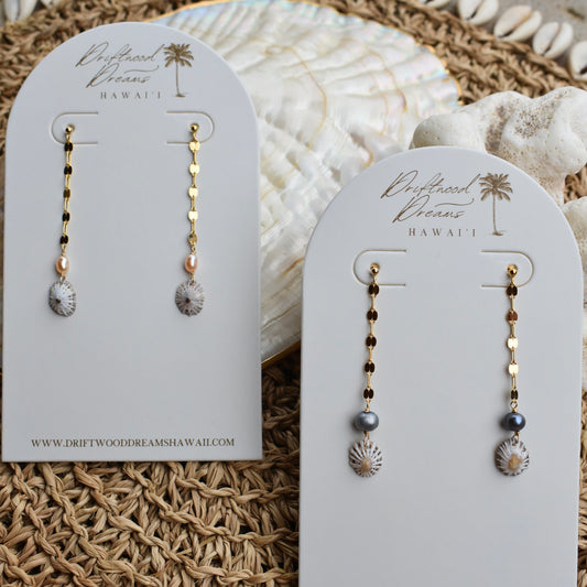 Pearl + 'Opihi Shell Chain Dangle Stud Earrings