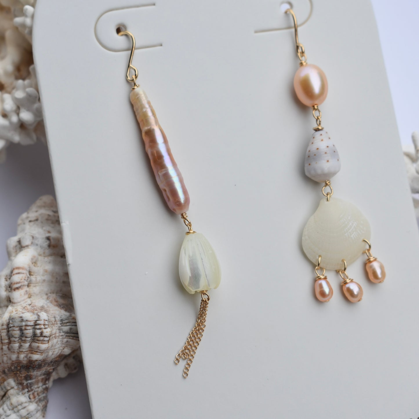 Asymmetrical Stick Pearl+Pīkake Earrings - Pink Pearls