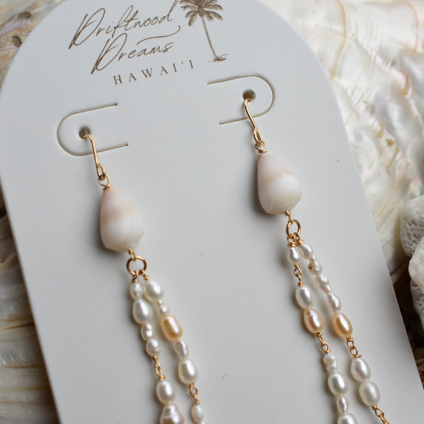 Cone Shell + Pearl Strand Dangle Earrings