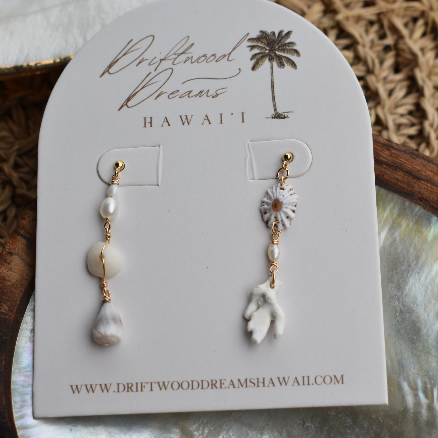 Mini Asymmetrical 'Opihi Pearl + Coral Stud Earrings