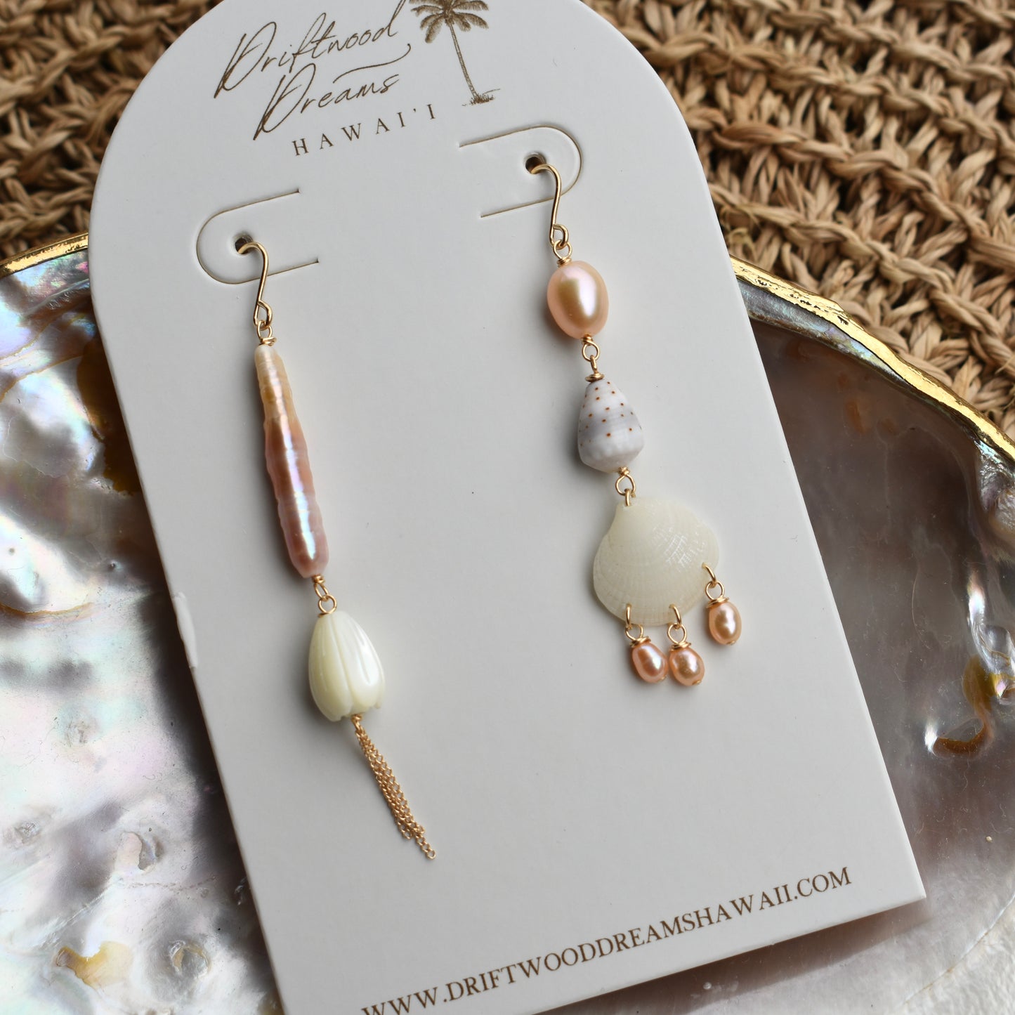Asymmetrical Stick Pearl+Pīkake Earrings - Pink Pearls