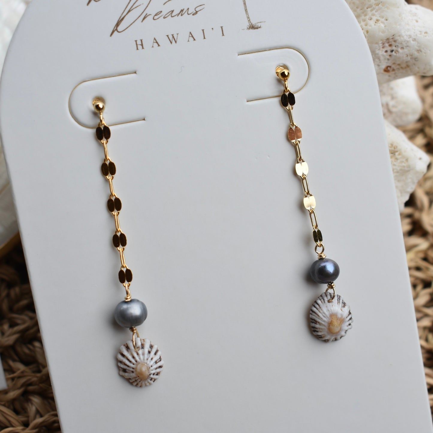Pearl + 'Opihi Shell Chain Dangle Stud Earrings