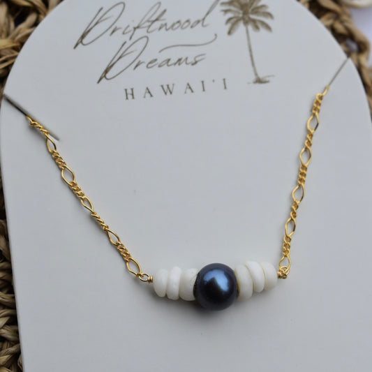 Figaro Chain Pearl + Puka Shell Necklace