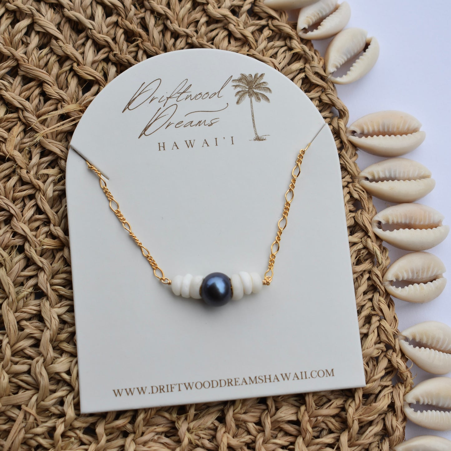 Figaro Chain Pearl + Puka Shell Necklace