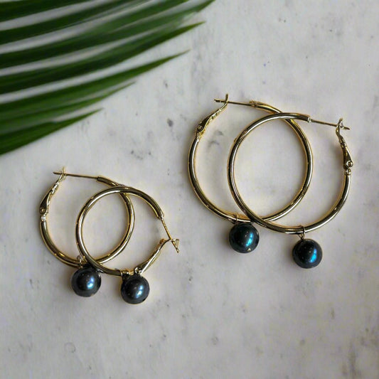 Thick Peacock Pearl Hoop Earrings