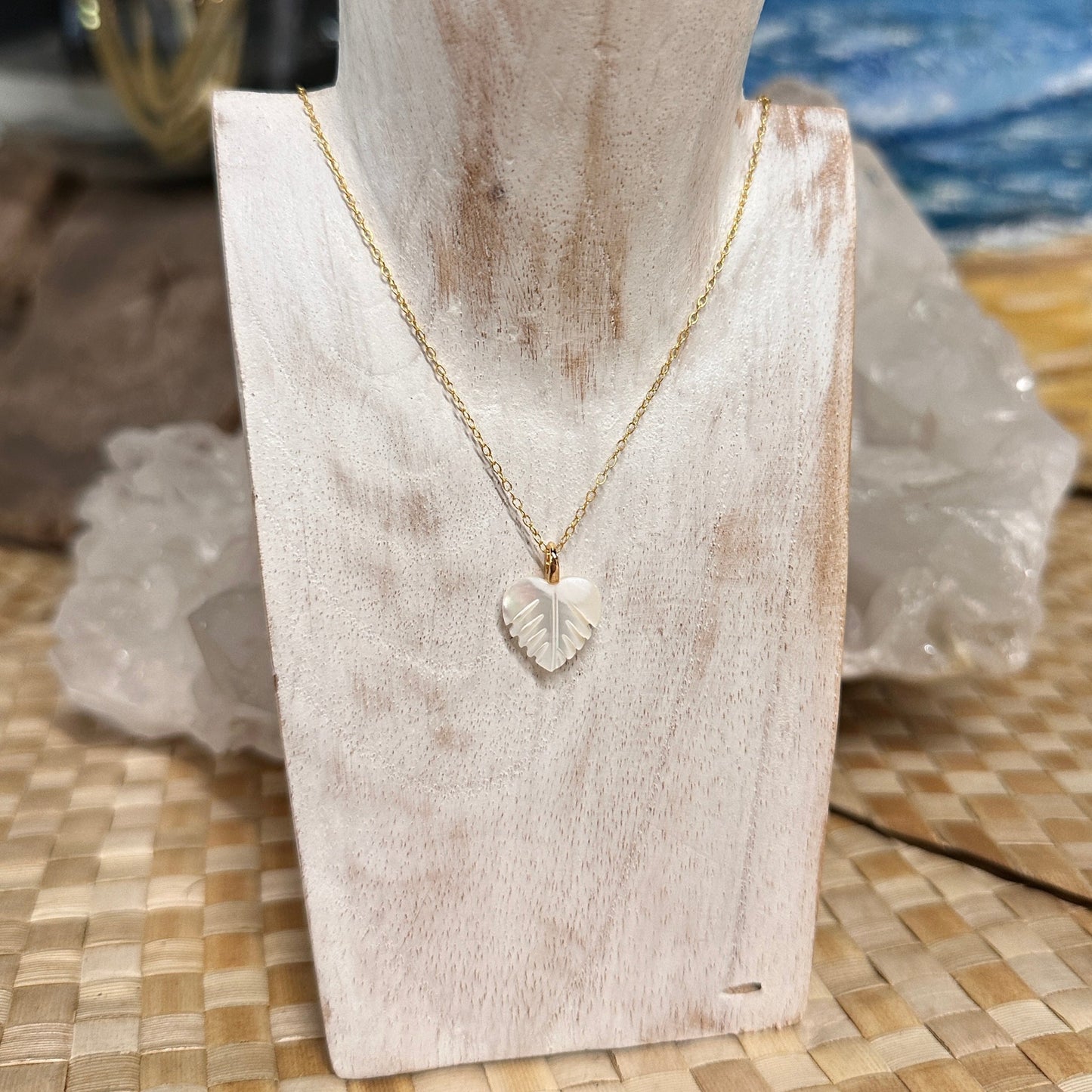 Mother of Pearl Monstera Heart Necklace